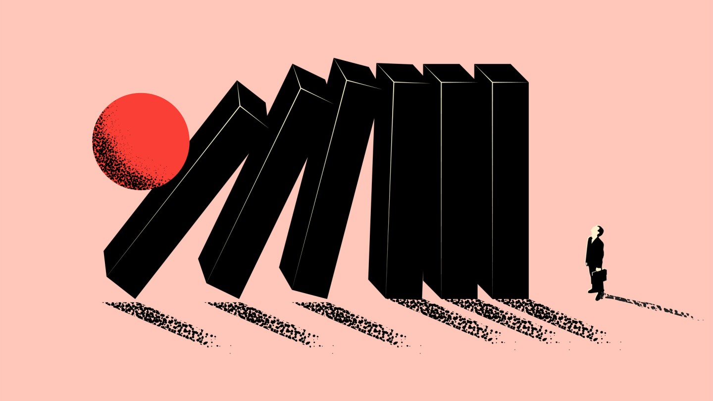 Conceptual business illustration of upcoming business problem metaphor with falling domino and businessman silhouette. Minimalistic vector eps 10 illustration