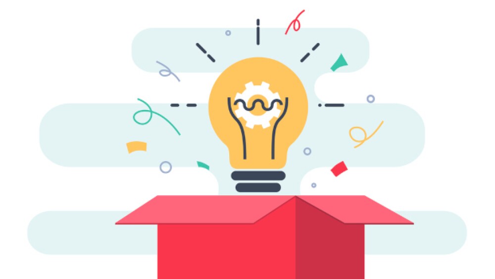 Illustration of an open box with a light bulb emer