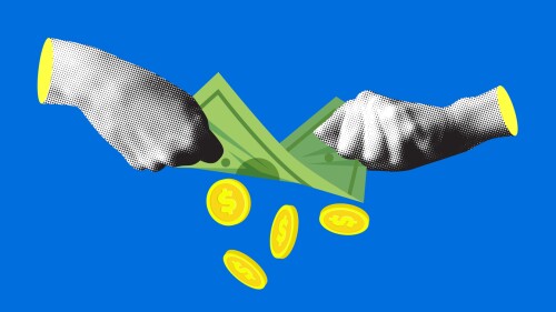 Halftone hands shake coins out of paper money. Modern collage. Concept of inflation, bankruptcy, poverty. Financial difficulties