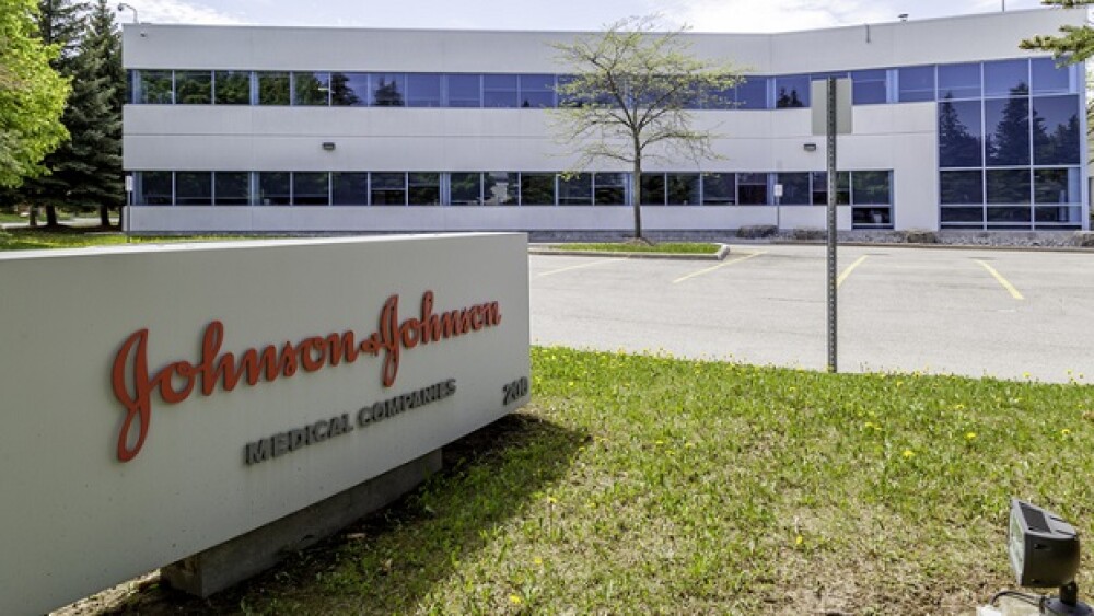 Pictured: A Johnson & Johnson sign in front of an