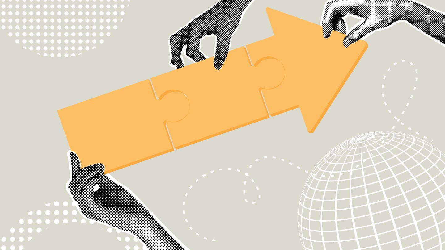 Modern halftone collage. Concept of teamwork, problem solving together, business direction, collaborate to win,achieve success. Business creative illustration for web banner, marketing material, business presentation. Vector illustration