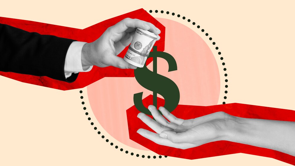 Art 3d banner collage of business people dollar roll cooperation success payment capital profit transaction money corruption.