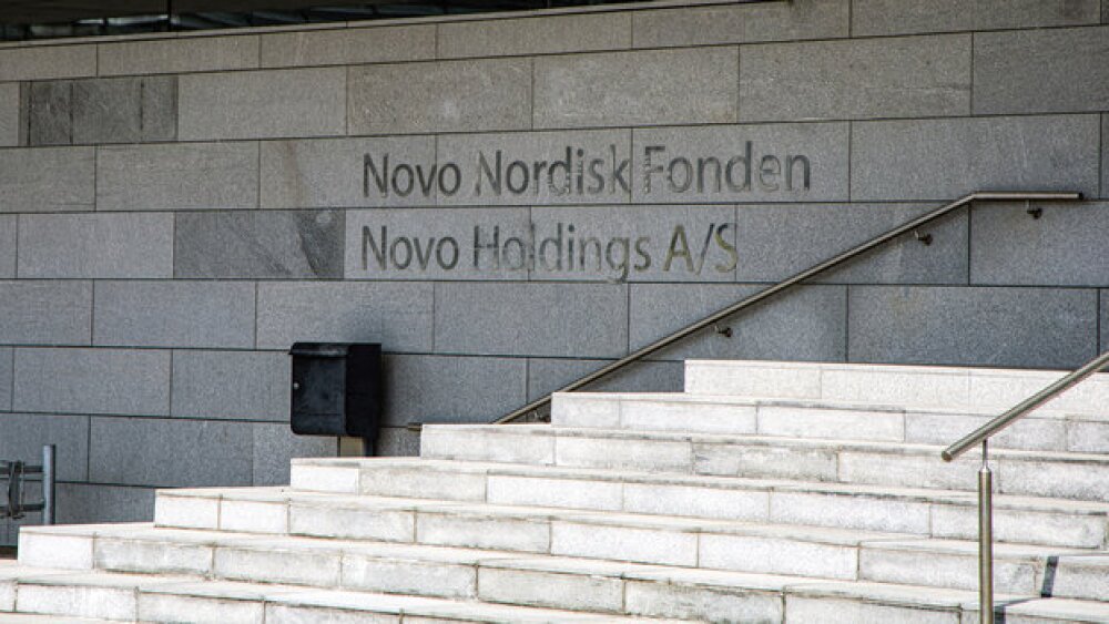 Pictured: Wall sign of the Novo Nordisk Foundation and Novo Holdings in Denmark