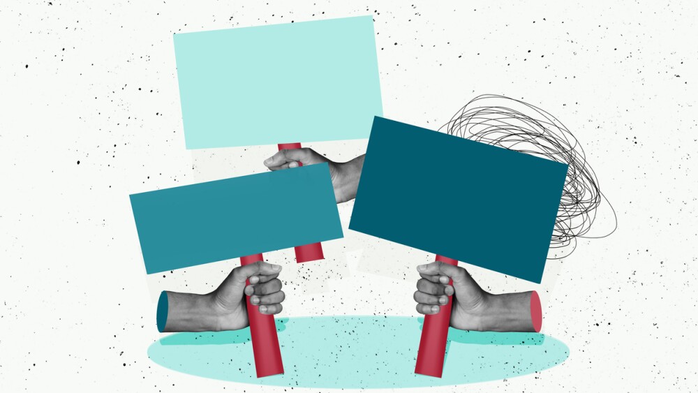 Composite photo collage of hands hold picket poster riot agitation strike crowd people democracy solidarity isolated on painted background.