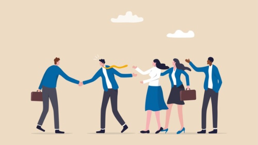 Pictured: An illustration of business people, two