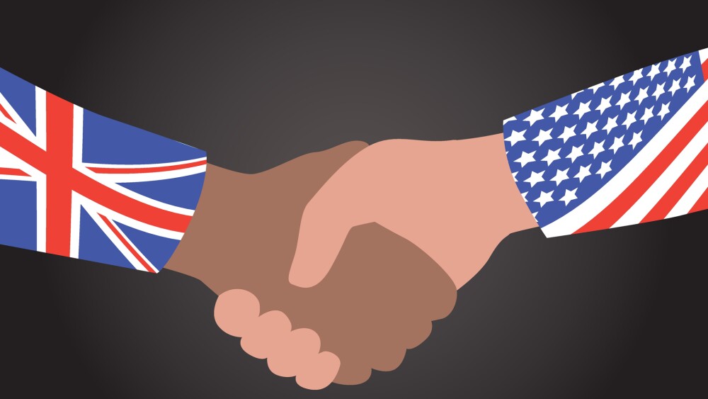 Handshake of diplomats of Great Britain and United States, concept of agreement, cooperation. Flat vector stock illustration. Flags of countries on black background. Meeting of politicians