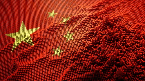 Chinese flag with digital matrix -Innovation Concept - Digital Tech Wallpaper - 3D illustration