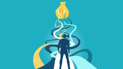 Successful businessman standing in front of multiple pathways, making a decision for the right move. A symbol of great investment and positive progress in the development of business. stock illustration