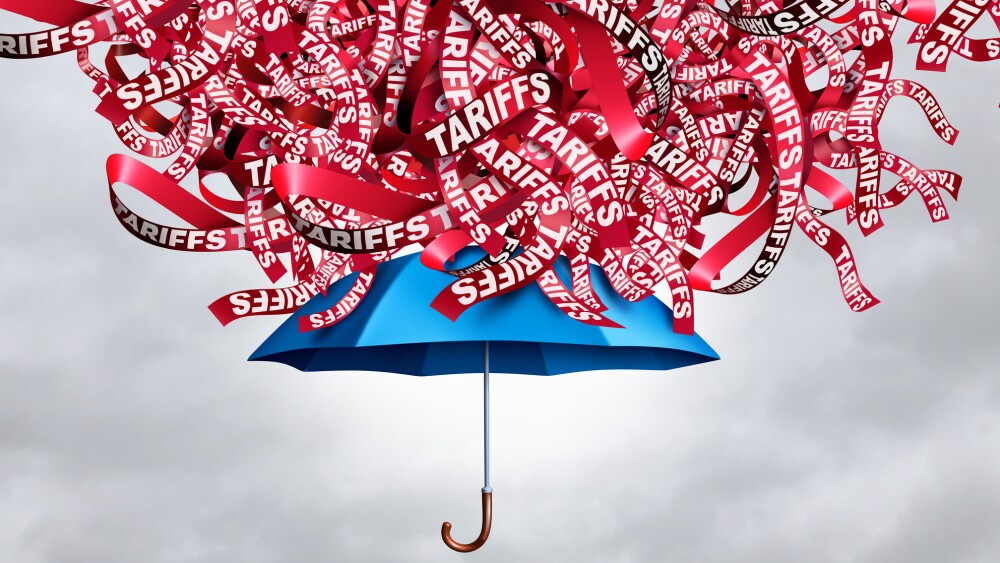 Protection From Tariffs as an An umbrella that shields against import and export tariff taxes as a trade war storm increasing prices and straining supply chains as a business metaphor and a symbol for resilience in times of crisis and economic downturn.