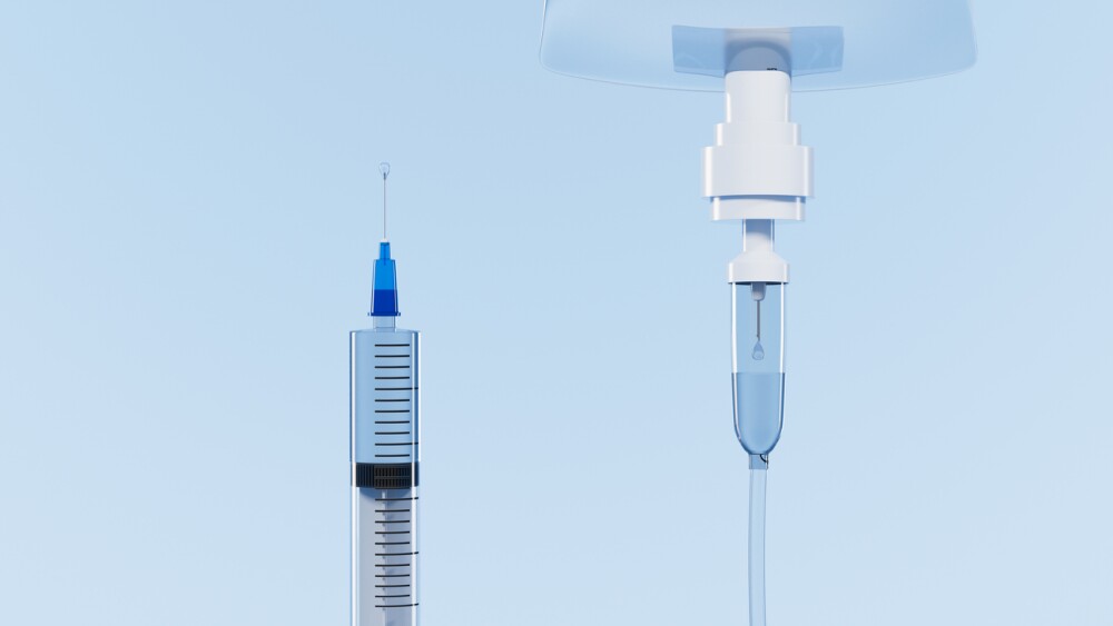Infusion bag and injection syringe in the blue background, 3d rendering. Digital drawing.