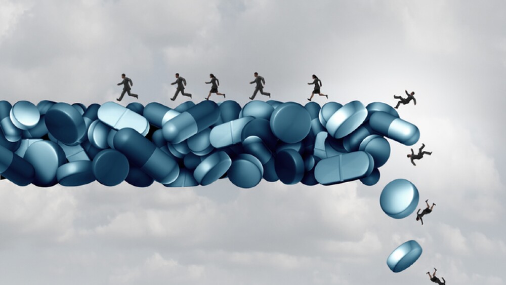 Opioid health risk and medical crisis with a prescription painkiller addiction epidemic concept as a group of people running away from a dangerous falling bridge of pills as a medicine addict problem with 3D illustration elements.