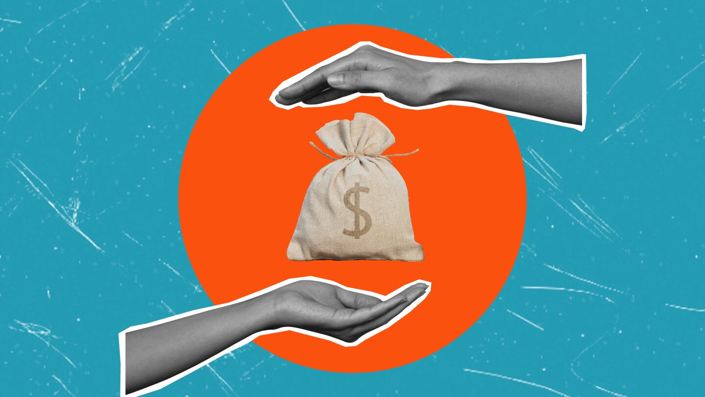 Contemporary art collage, female palms in the orange circle, a bag of money. Concept of business and finance.