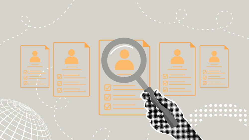 Hiring collage showing HR checking applicant information