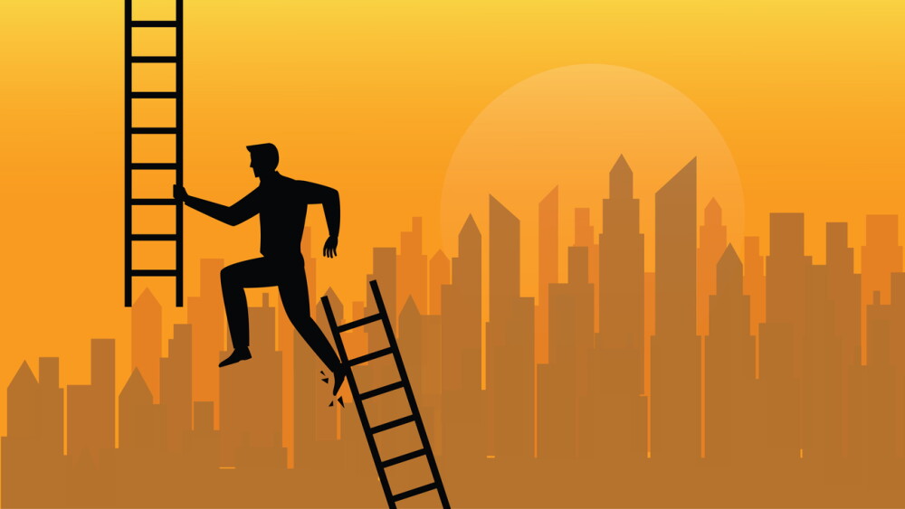 Businessman Jumping from Broken Ladder to New Ladder of Success