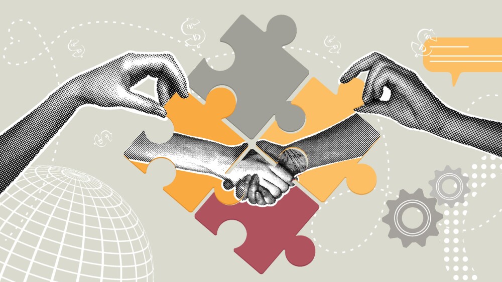 Fashionable halftone collage. Concept of partnership, sponsorship,agreement, contract conclusion. Illustration for web banner, social media banner, business presentation, marketing material. Vector illustration
