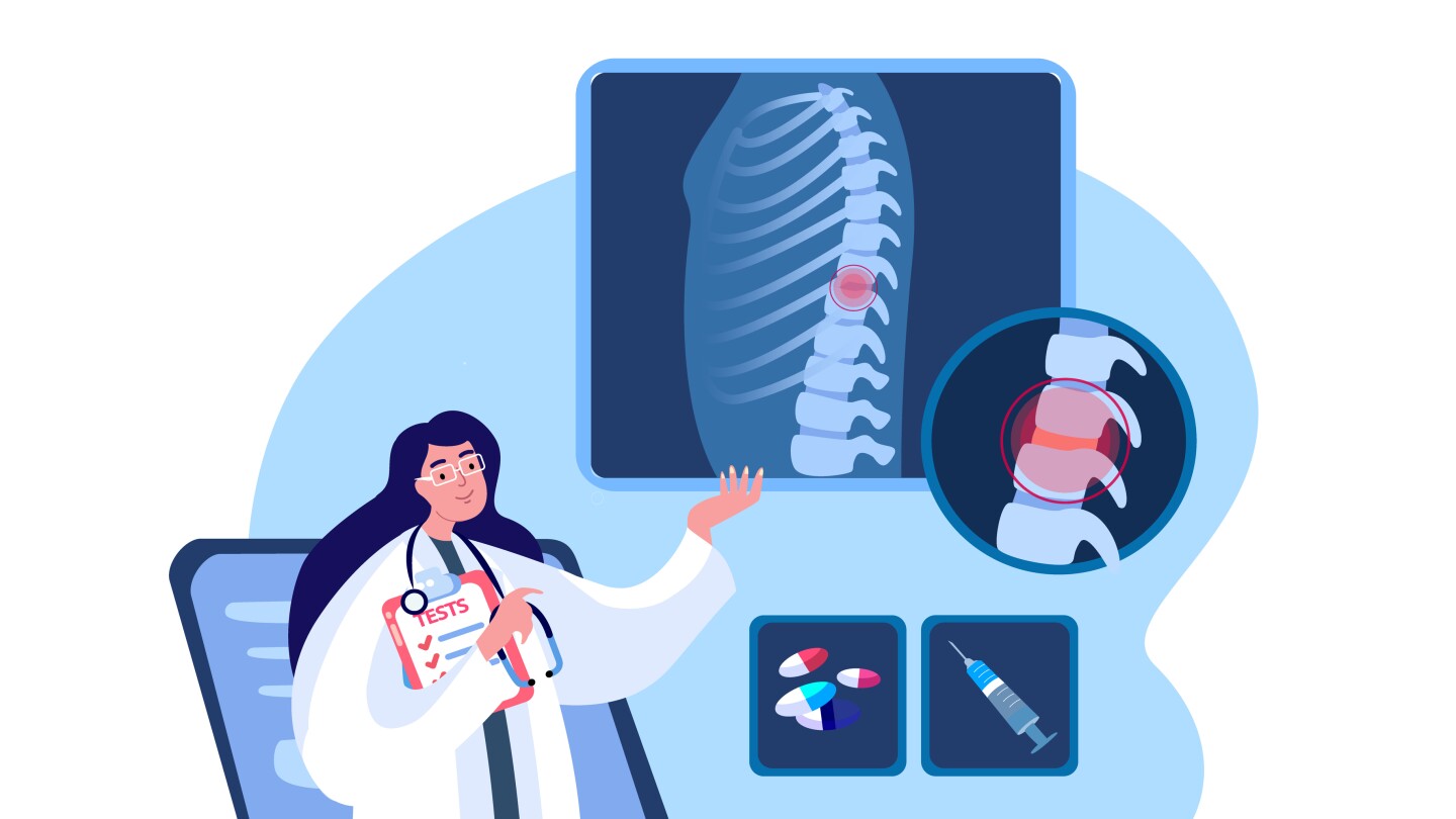 Online Vertebrologist ,Orthopedics Woman traumatologist Surgeon Doctor.Internet Presentation Seminar.Fracture, Pain in Back Spine Diagnostics.Internet Conference. Digital Medical Hospital Illustration