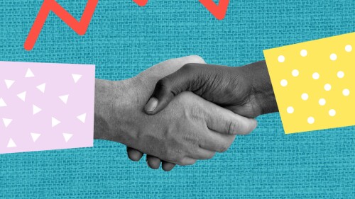 Get a good deal, partnership concept. Contemporary art collage, modern design. Handshake of two businessmen. Surrealistic conceptual poster.