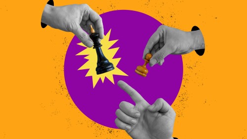 Employee competency assessment. Collage of hands holding king and a pawn. Succession planning.