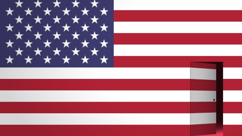 Illustration showing American flag with half-open door on the side
