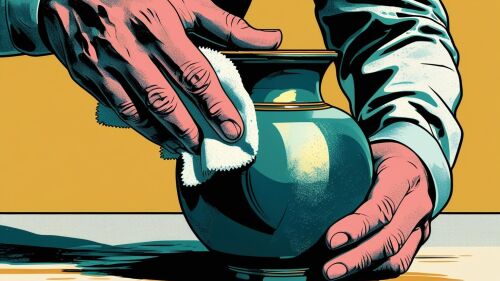 A pop art image of two hands polishing a vase
