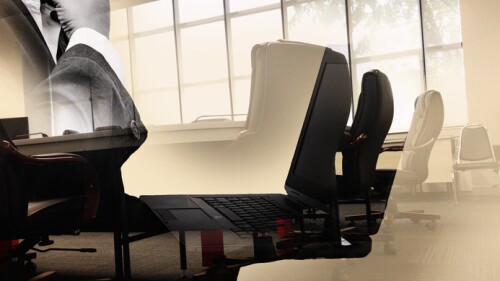 Concept business people work with modern laptop. Double exposure. Meeting room in office building background