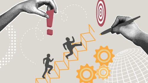 Trendy halftone collage with business concept. Career success concept, business goal,achieve goal, progress in career, make efforts to grow professionally. Teamwork. Hand finish ladder, helping to climb higher. Template for web banner, social media banner. Vector illustration