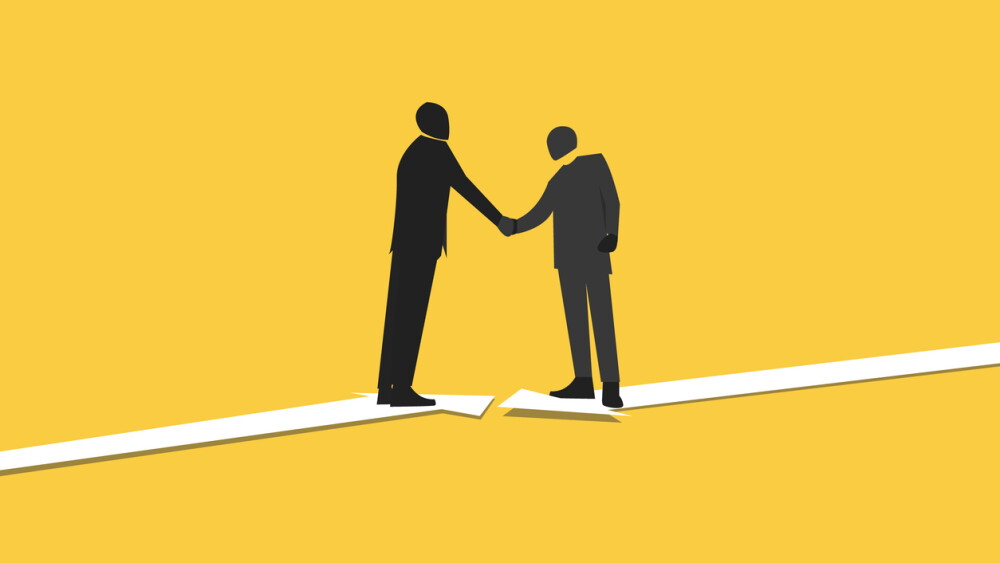 Business negotiation, deal making or acquisition, merger vector concept. Two men shaking hands. Minimal design. Eps10 illustration
