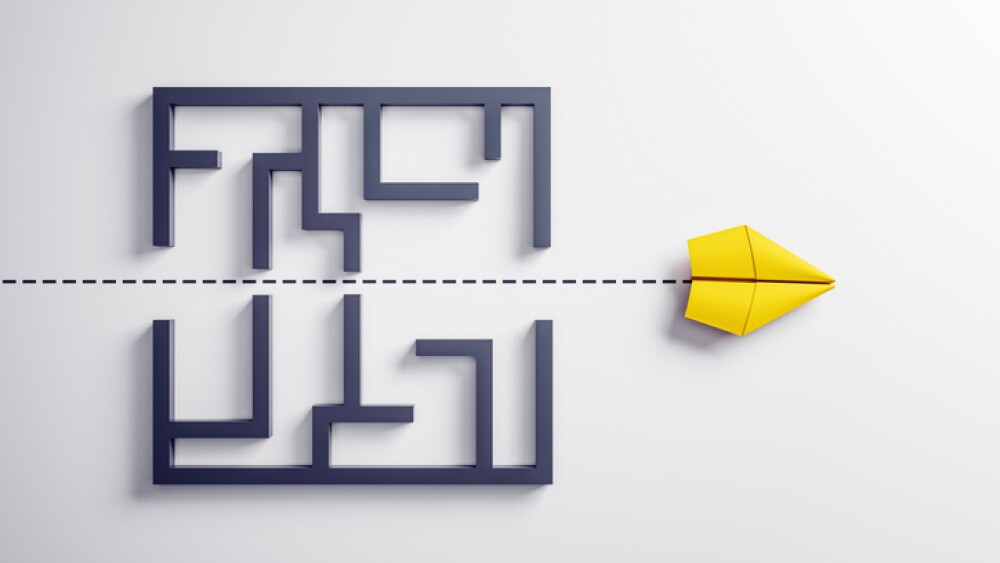 Yellow paper airplane flying in straight line over black labyrinth on light background, symbolizing leadership, business strategy, and innovation. 3D Rendering