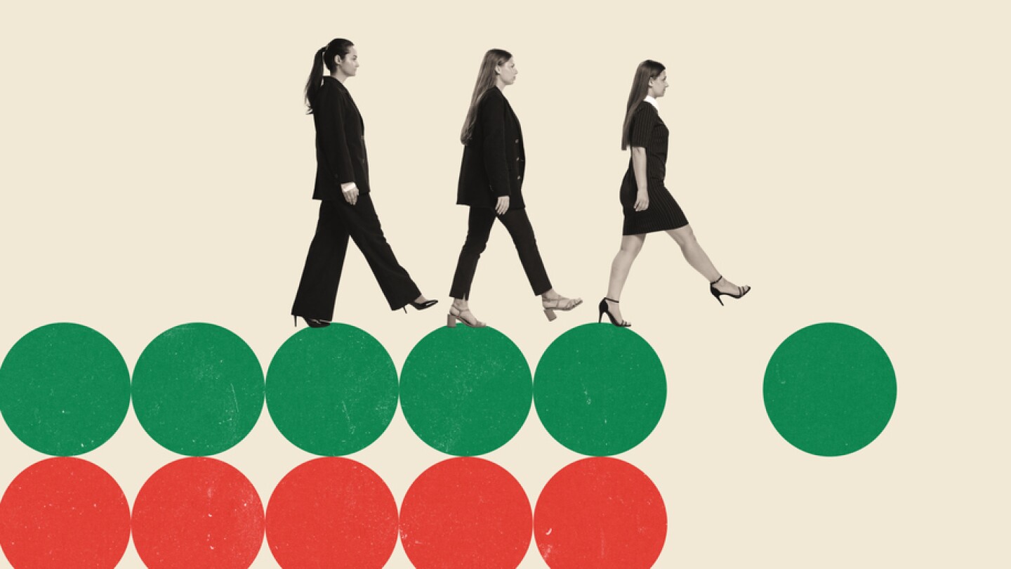 Three women, employees walking forward on red and green dots Conceptual creative design. Coordinated approach to achieve goals and overcome obstacles. Concept of business, progress, risk, promotion
