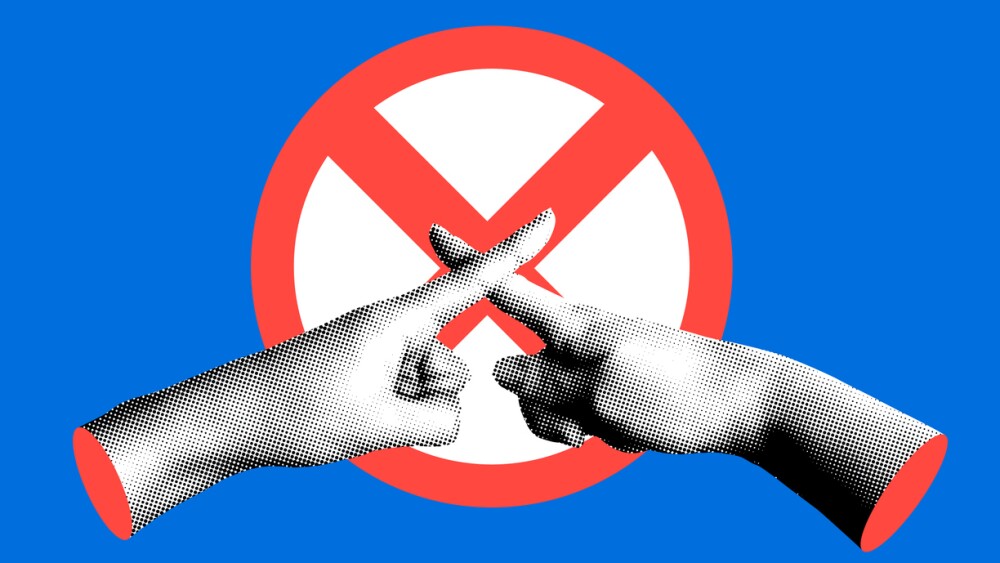 Prohibition sign. Halftone hands cross their fingers in a no entry sign. Refusal, stop gesture. Rejection sign. Warning concept. Newspaper collage