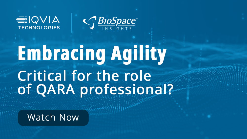 The IQVIA and BioSpace logos appear on a blue background image with the title Embracing Agility: Critical for the role of QARA professional? and a "watch now" button