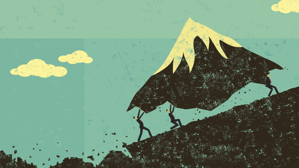 Illustration of businessmen moving a mountain uphill. The men & mountain and background are on separate labeled layers.