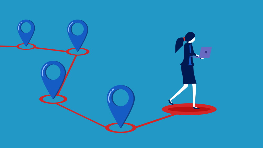 Map location. Businesswoman using laptop to find location vector