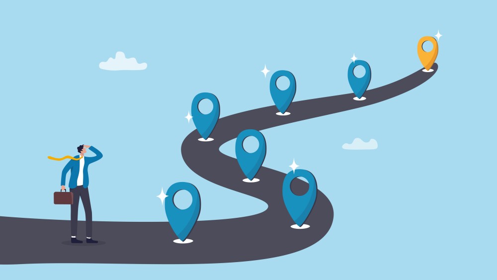 Success roadmap journey, milestone or career path achievement, route or pathway to achieve goals, accomplishment, assessment or way to success, businessman look at achievement milestone to success.