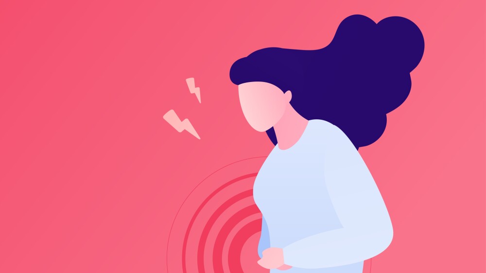Painful female periods concept. Vector flat character illustration. Woman standing and suffering menstrual abdominal pain isolated on pink background. Design for health care.