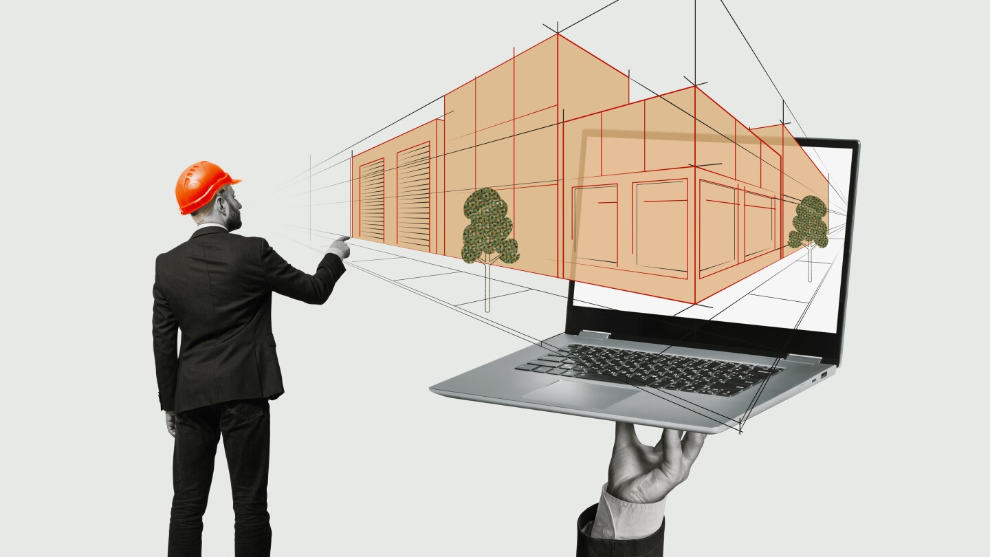 An architect designs a building on a laptop. Art collage.