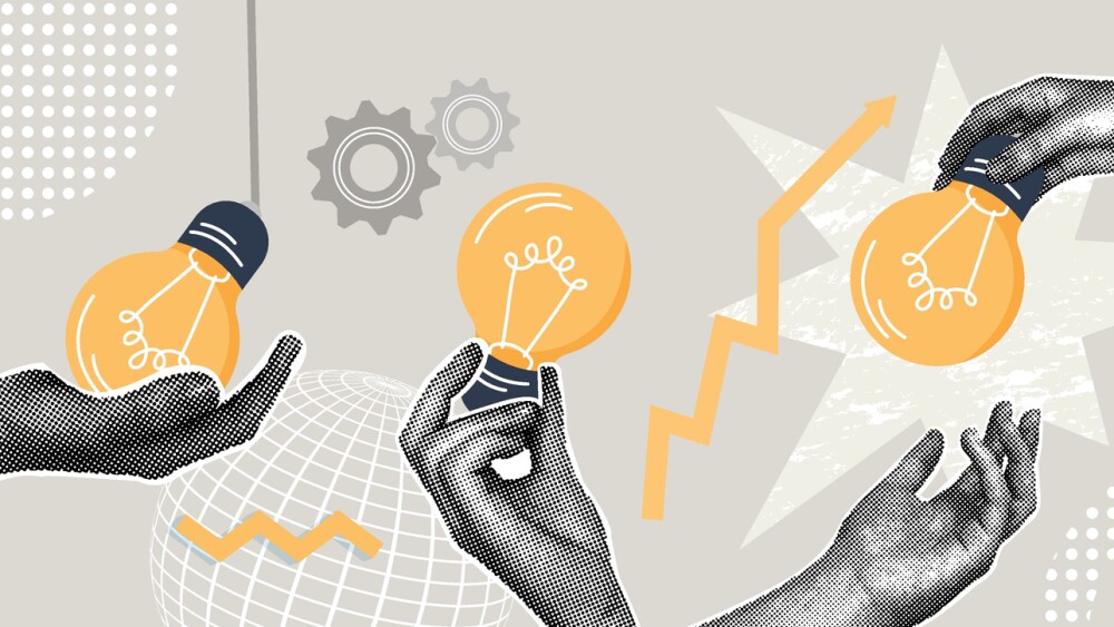 Collage showing hands holding a light bulb