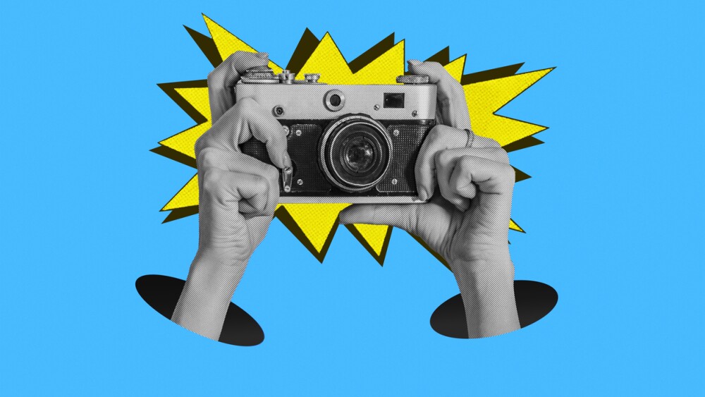 Woman taking retro photos. Digital collage with female hands holding vintage camera. Pop art design. Concept of social media
