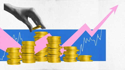 Contemporary art collage. Hand put money to golden stack of coins, meaning income from investment. Concept of business strategy, investment, development, market, finance.