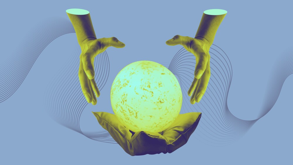 Hands holding crystal ball fortune telling collage art. Abstract concept of prophecy and prediction of future illustration