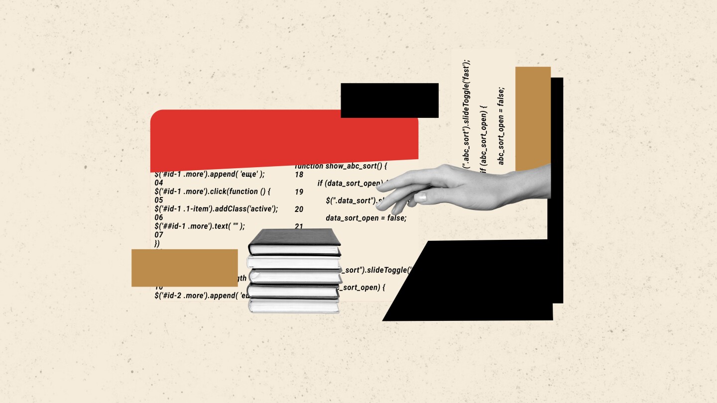 Creative trend collage of hand take education read book pile programmer coding studying billboard comics zine minimal.