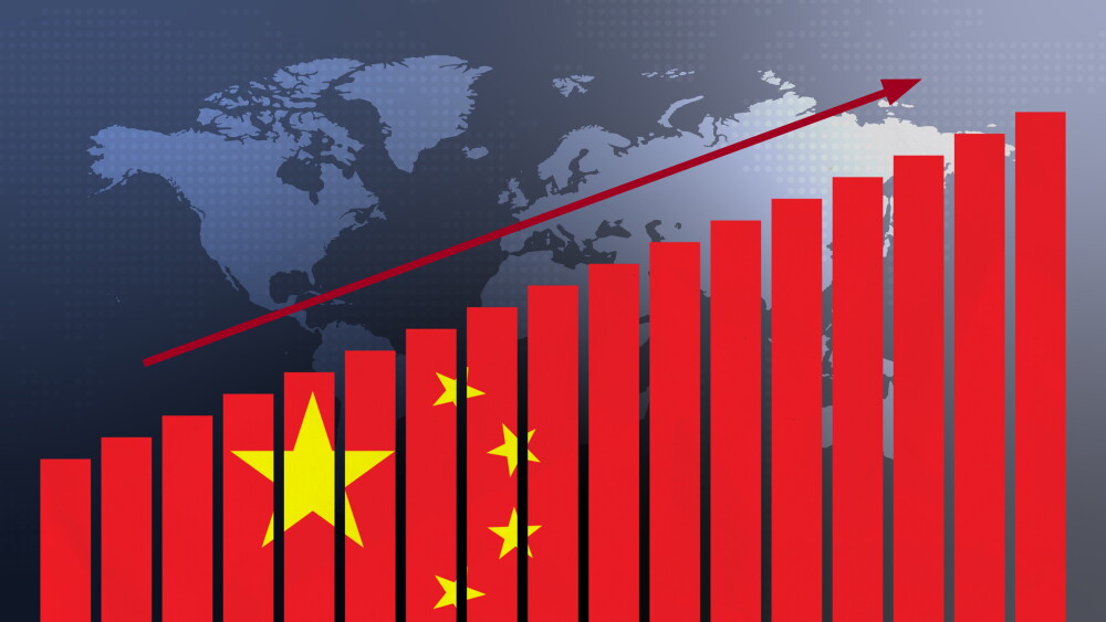 China flag on bar chart concept with increasing values, economic recovery and business improving after crisis and other catastrophe as economy and businesses reopen again