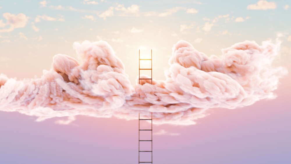 A surreal concept of a regular aluminium ladder pushing through a fluffy cloud on a peach sky background - 3D render