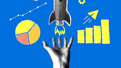 Business and financial success concept. Modern collage with halftone hand holding a launching rocket, sales chart icons. Income growth. Successful startup. Increasing profits illustration