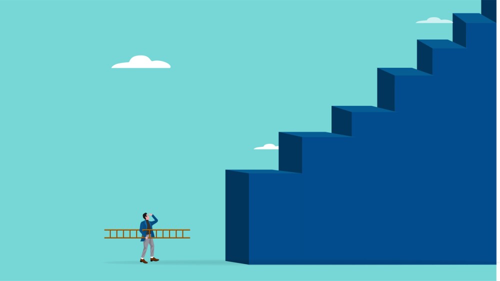 Illustration of businessperson with ladder sizing up very tall steps
