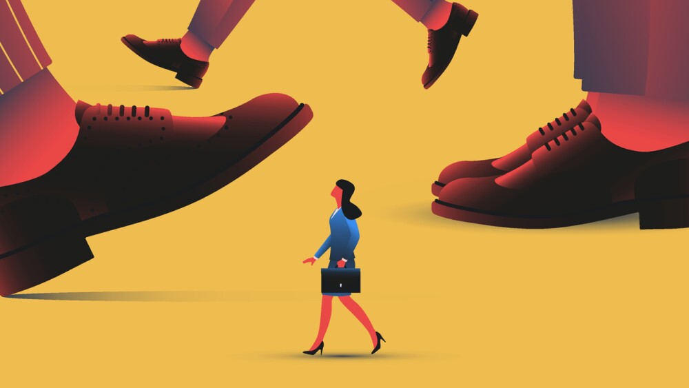 Tiny woman among giant men. Empowerment, glass ceiling and inequality conept. Vector illustration.