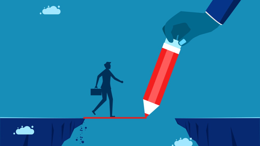 Support. Businessman draws a line as a bridge to help employees cross the cliff. vector