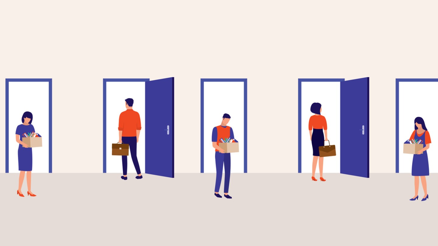 Employees Walking In And Out Of The Door, Some Were Leaving Their Job And Some Were Being Hired At The Same Time. Full Length, Isolated On Solid Color Background. Vector, Illustration, Flat Design, Character.