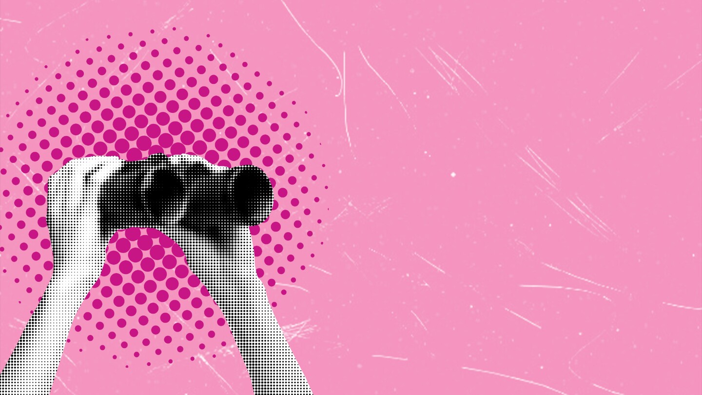 Art collage, hands holding binoculars on pink background with copy space. The concept of looking at the future.