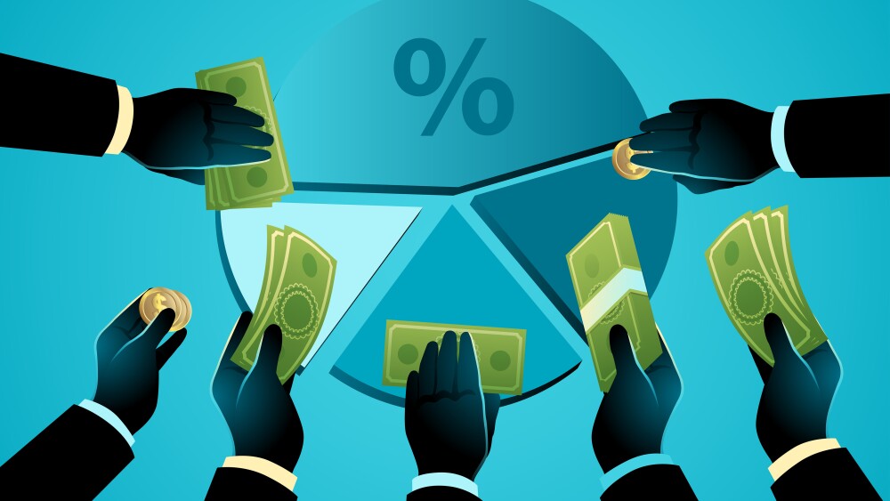 Hands offering money with a circular chart at the center, symbolizing shareholder equity, crowdfunding, business partnerships, and investments